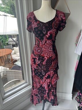 VINTAGE 90s Y2K V-Neck Black Pink Paisley Flutter-Sleeve Ruffle Hem Size 4